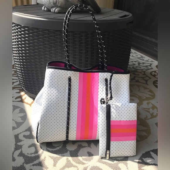 NEOPRENE TOTE, White with Pink & Orange Stripe, detachable pouch, beach tote - Picture 4 of 12